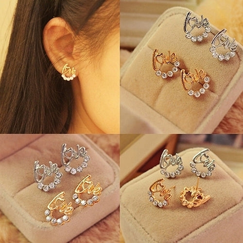 Fashion Women Elegant Shiny Rhinestone Love Letter Ear Stud Earrings Jewelry Image 4