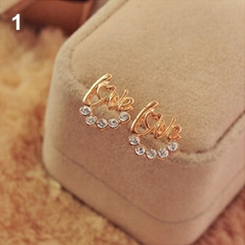 Fashion Women Elegant Shiny Rhinestone Love Letter Ear Stud Earrings Jewelry Image 1