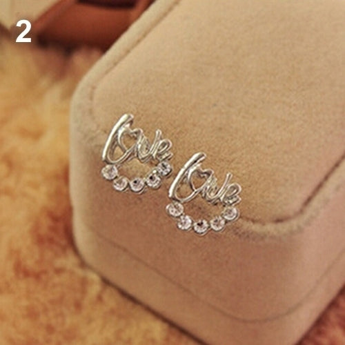 Fashion Women Elegant Shiny Rhinestone Love Letter Ear Stud Earrings Jewelry Image 8