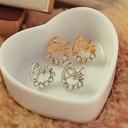 Fashion Women Elegant Shiny Rhinestone Love Letter Ear Stud Earrings Jewelry Image 9