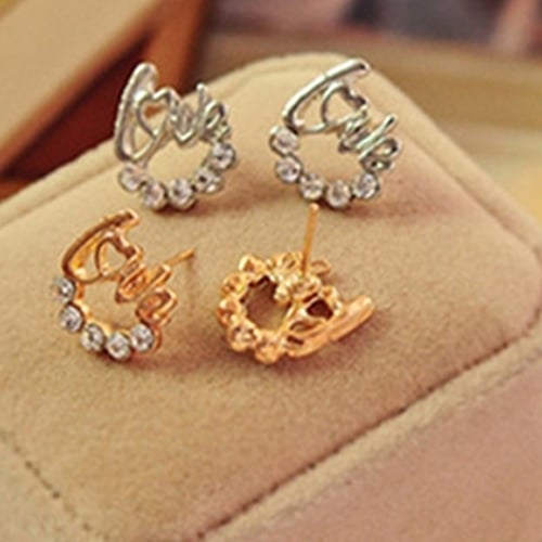 Fashion Women Elegant Shiny Rhinestone Love Letter Ear Stud Earrings Jewelry Image 10