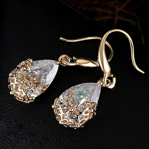 Womens Zircon Waterdrop Hollow Flower Eardrop Hook Dangle Earrings Jewelry Image 1