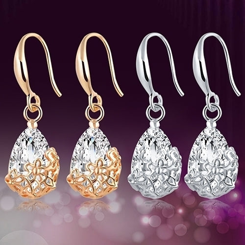 Womens Zircon Waterdrop Hollow Flower Eardrop Hook Dangle Earrings Jewelry Image 4