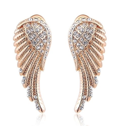 Womens 9K Gold Plated Angel Wings Crystal Ear Studs Luxury Earrings Jewelry Image 1