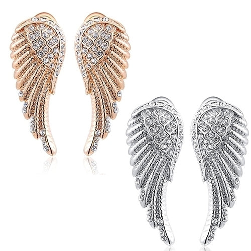 Womens 9K Gold Plated Angel Wings Crystal Ear Studs Luxury Earrings Jewelry Image 2