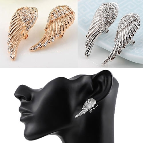 Womens 9K Gold Plated Angel Wings Crystal Ear Studs Luxury Earrings Jewelry Image 4