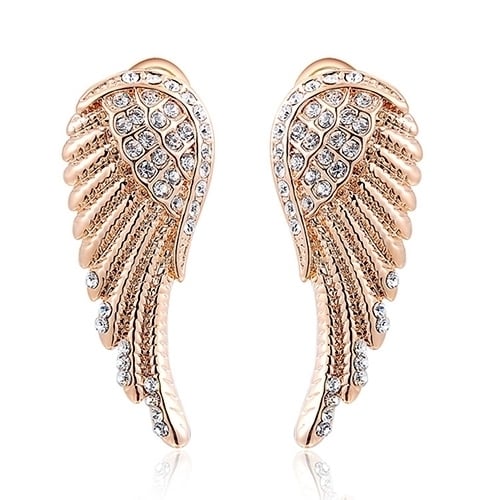 Womens 9K Gold Plated Angel Wings Crystal Ear Studs Luxury Earrings Jewelry Image 1