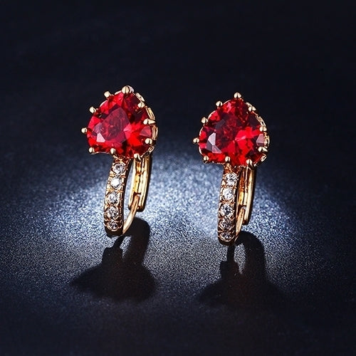 Womens Red Love Heart Zircon 18K Gold Plated Leverback Huggie Earrings Jewelry Image 1