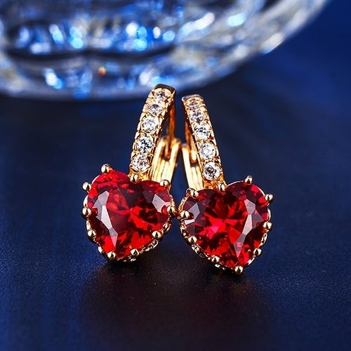 Womens Red Love Heart Zircon 18K Gold Plated Leverback Huggie Earrings Jewelry Image 2