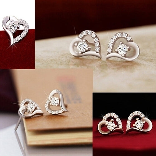 Womens Zircon Heart 925 Sterling Silver Plated Ear Studs Earrings Jewelry Gift Image 7