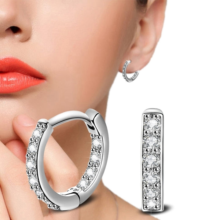 Women Silver Plated Cubic Zirconia Inlaid Huggie Hoop Ear Stud Earrings Jewelry Image 3