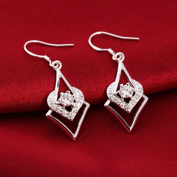 Women Silver Plated Hook Dangle Earrings Square with Zircon Heart Eardrops Image 2