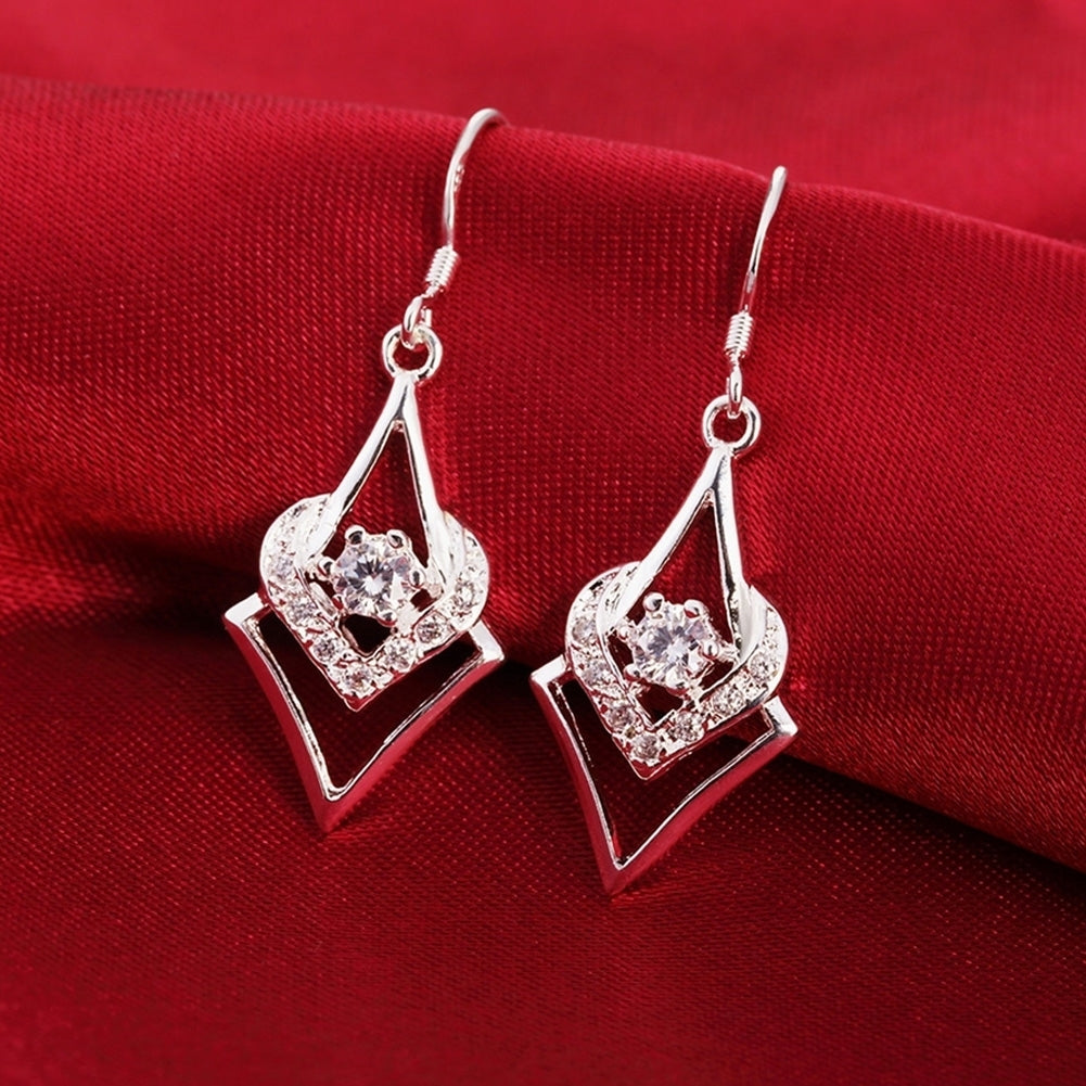 Women Silver Plated Hook Dangle Earrings Square with Zircon Heart Eardrops Image 3