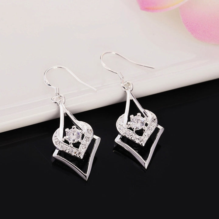 Women Silver Plated Hook Dangle Earrings Square with Zircon Heart Eardrops Image 4