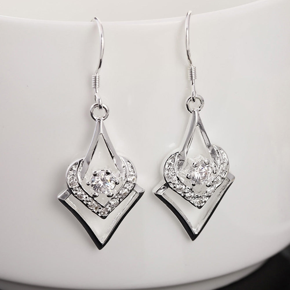 Women Silver Plated Hook Dangle Earrings Square with Zircon Heart Eardrops Image 4