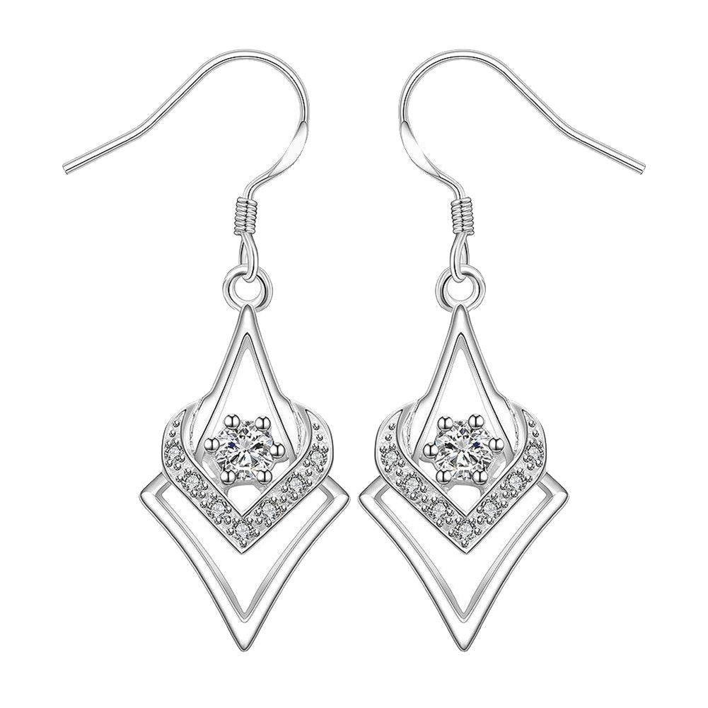 Women Silver Plated Hook Dangle Earrings Square with Zircon Heart Eardrops Image 6