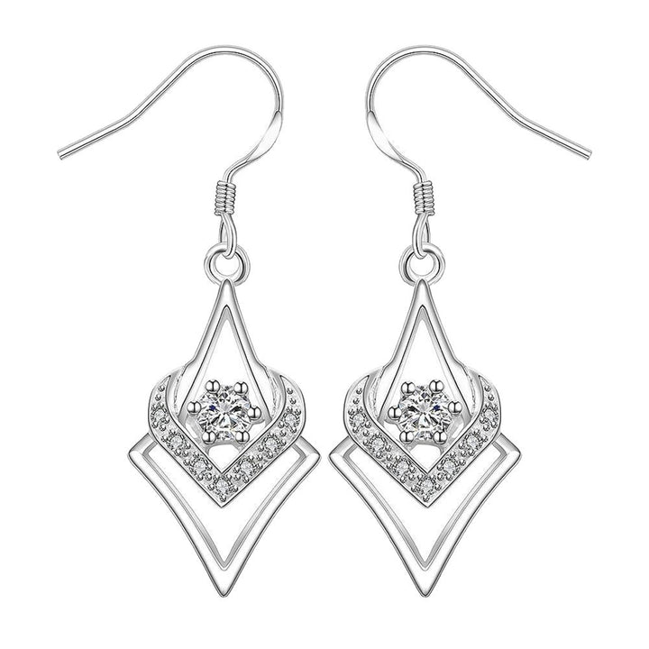 Women Silver Plated Hook Dangle Earrings Square with Zircon Heart Eardrops Image 6