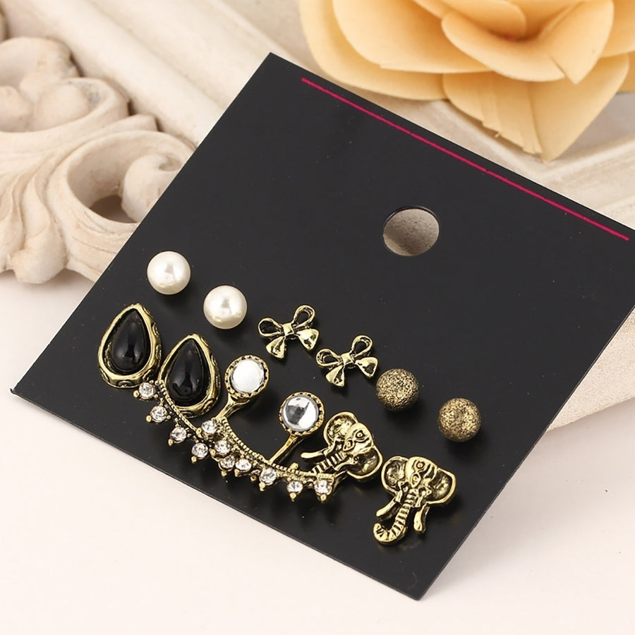 6 Pairs Bowknot Elephant Head Teardrop Rhinestone Stud Earrings Lady Jewelry Image 1