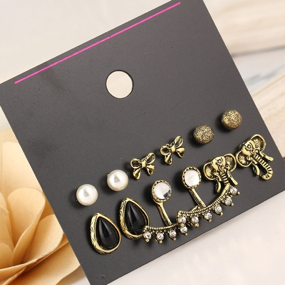 6 Pairs Bowknot Elephant Head Teardrop Rhinestone Stud Earrings Lady Jewelry Image 2