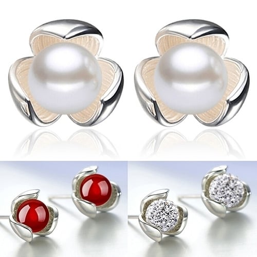 Flower 925 Sterling Silver Ear Studs Rhinestone Ball Earrings Wedding Jewelry Image 4