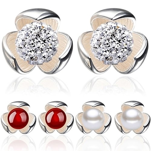 Flower 925 Sterling Silver Ear Studs Rhinestone Ball Earrings Wedding Jewelry Image 7