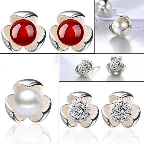 Flower 925 Sterling Silver Ear Studs Rhinestone Ball Earrings Wedding Jewelry Image 8