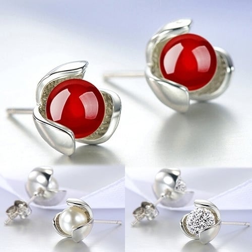 Flower 925 Sterling Silver Ear Studs Rhinestone Ball Earrings Wedding Jewelry Image 10