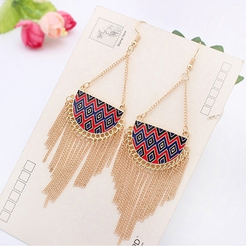 Womens Semicircle Tassels Rhombic Pattern Golden Tone Hook Earrings Jewelry Image 1