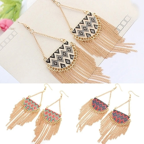 Womens Semicircle Tassels Rhombic Pattern Golden Tone Hook Earrings Jewelry Image 2