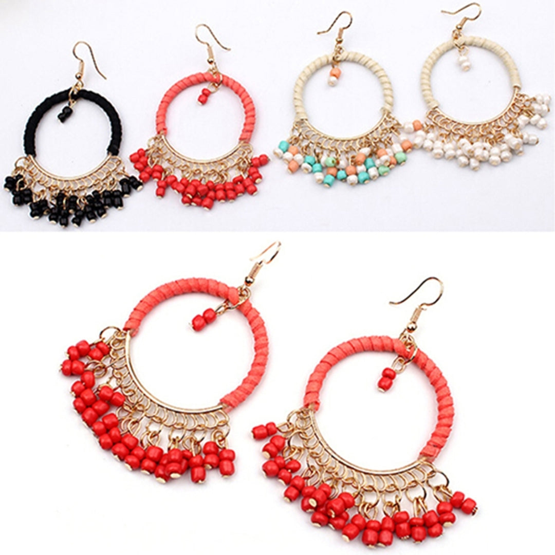 1Pair Earrings Boho Style Beads Tassel Design Alloy Dangle Hook Earrings for Daily Wear Image 3