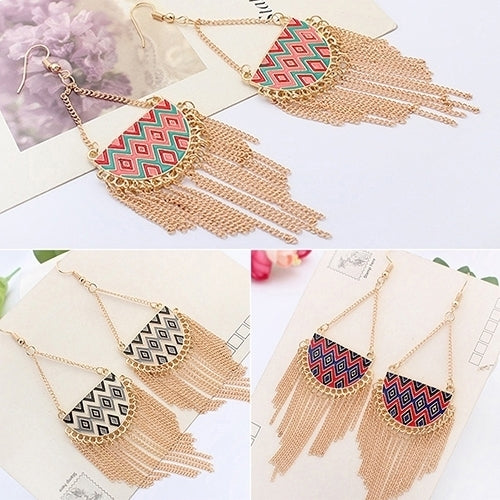 Womens Semicircle Tassels Rhombic Pattern Golden Tone Hook Earrings Jewelry Image 3