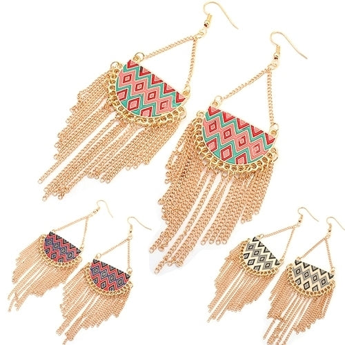 Womens Semicircle Tassels Rhombic Pattern Golden Tone Hook Earrings Jewelry Image 4