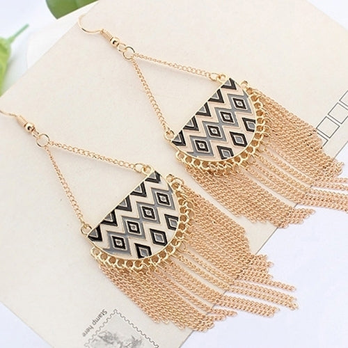 Womens Semicircle Tassels Rhombic Pattern Golden Tone Hook Earrings Jewelry Image 4