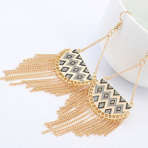 Womens Semicircle Tassels Rhombic Pattern Golden Tone Hook Earrings Jewelry Image 6