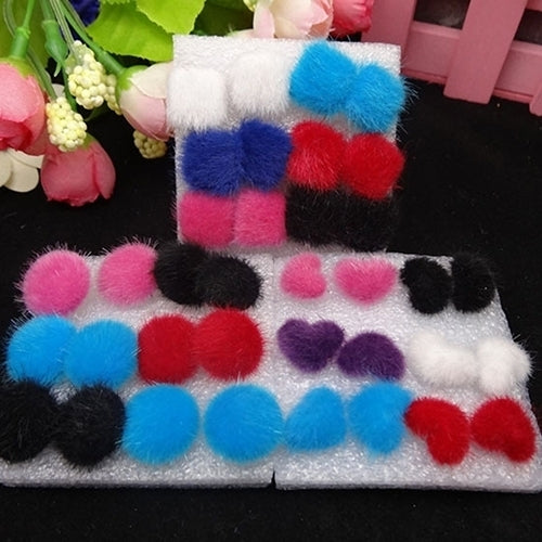 6 Pairs Lovely Warm Furry Square Round Star Heart Plastic Stick Earrings Image 4