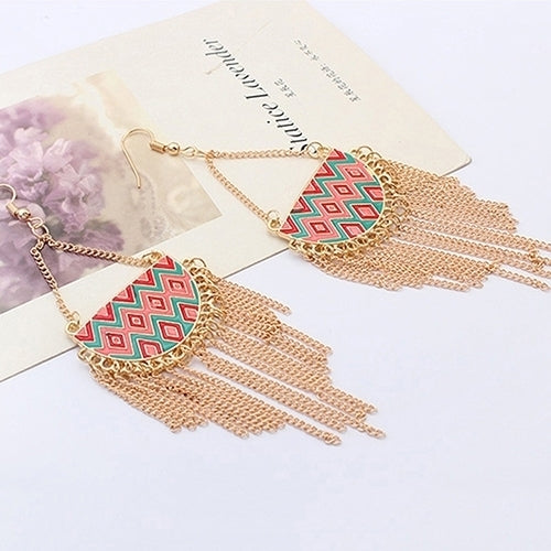 Womens Semicircle Tassels Rhombic Pattern Golden Tone Hook Earrings Jewelry Image 7