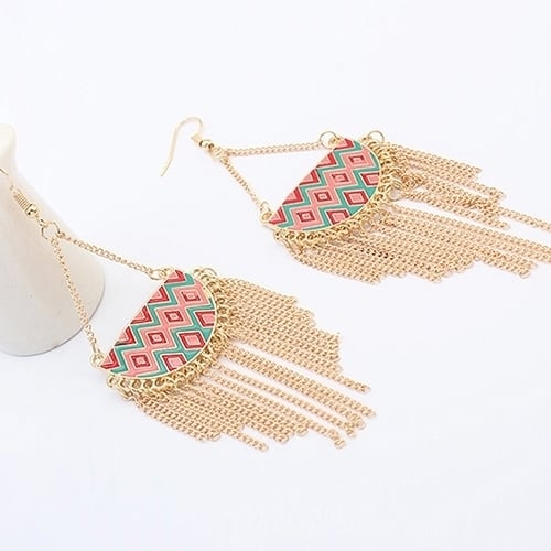 Womens Semicircle Tassels Rhombic Pattern Golden Tone Hook Earrings Jewelry Image 8