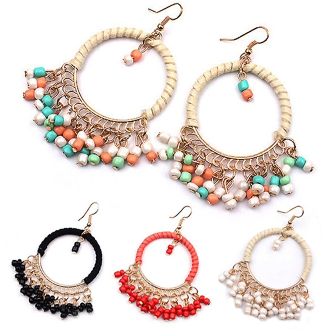 1Pair Earrings Boho Style Beads Tassel Design Alloy Dangle Hook Earrings for Daily Wear Image 6