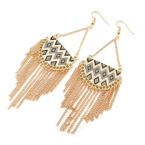 Womens Semicircle Tassels Rhombic Pattern Golden Tone Hook Earrings Jewelry Image 9