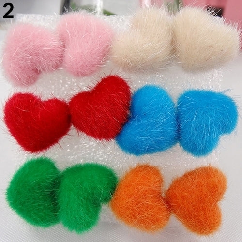 6 Pairs Lovely Warm Furry Square Round Star Heart Plastic Stick Earrings Image 6