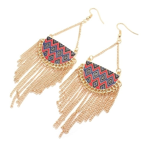 Womens Semicircle Tassels Rhombic Pattern Golden Tone Hook Earrings Jewelry Image 10