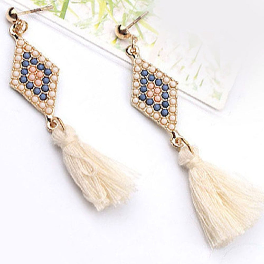 1 Pair Ear Studs Elegant Folk Style Rhombic Shape Thread Fringed Earrings for Gift Image 4