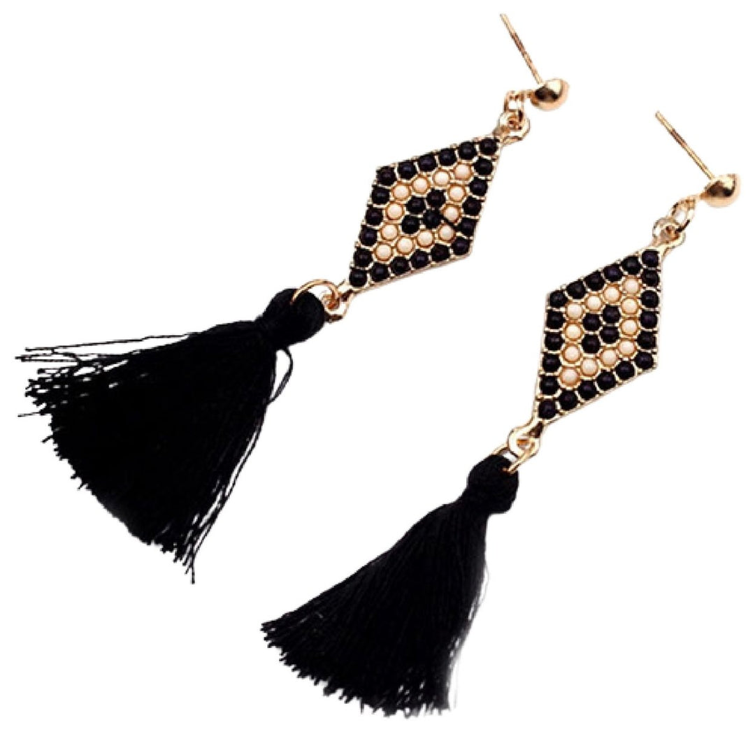 1 Pair Ear Studs Elegant Folk Style Rhombic Shape Thread Fringed Earrings for Gift Image 1