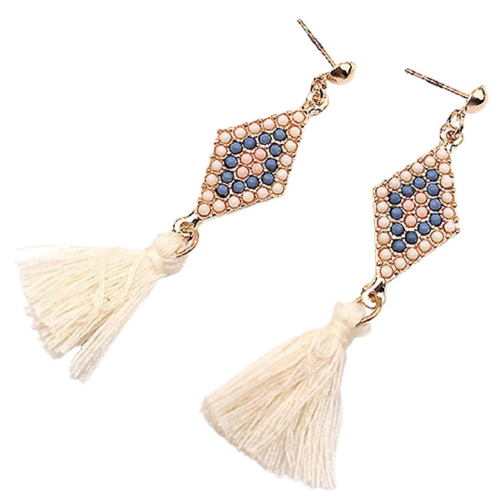 1 Pair Ear Studs Elegant Folk Style Rhombic Shape Thread Fringed Earrings for Gift Image 1