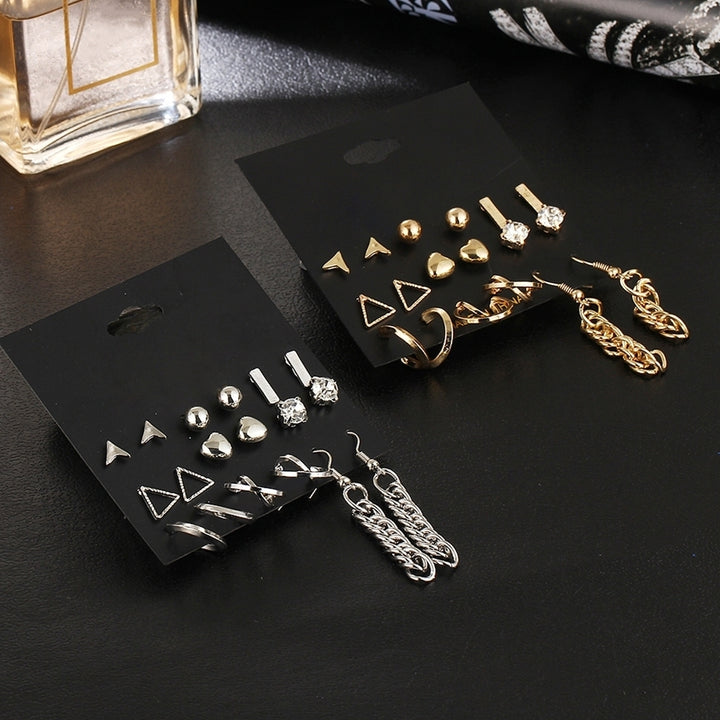 9 Pairs Women Fashion Rhinestone Heart Triangle Shape Ear Stud Hook Earrings Image 4