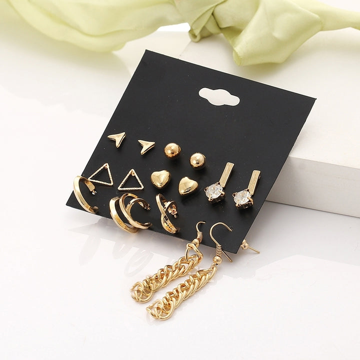 9 Pairs Women Fashion Rhinestone Heart Triangle Shape Ear Stud Hook Earrings Image 4