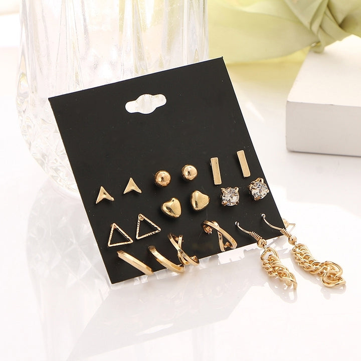 9 Pairs Women Fashion Rhinestone Heart Triangle Shape Ear Stud Hook Earrings Image 7