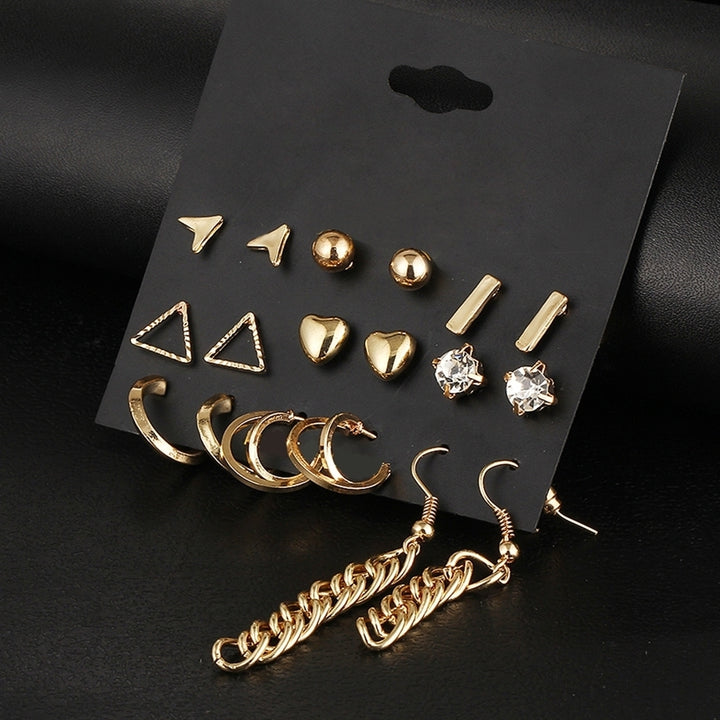 9 Pairs Women Fashion Rhinestone Heart Triangle Shape Ear Stud Hook Earrings Image 9