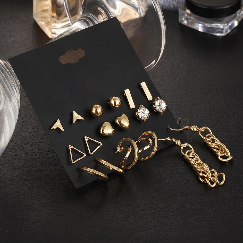 9 Pairs Women Fashion Rhinestone Heart Triangle Shape Ear Stud Hook Earrings Image 11