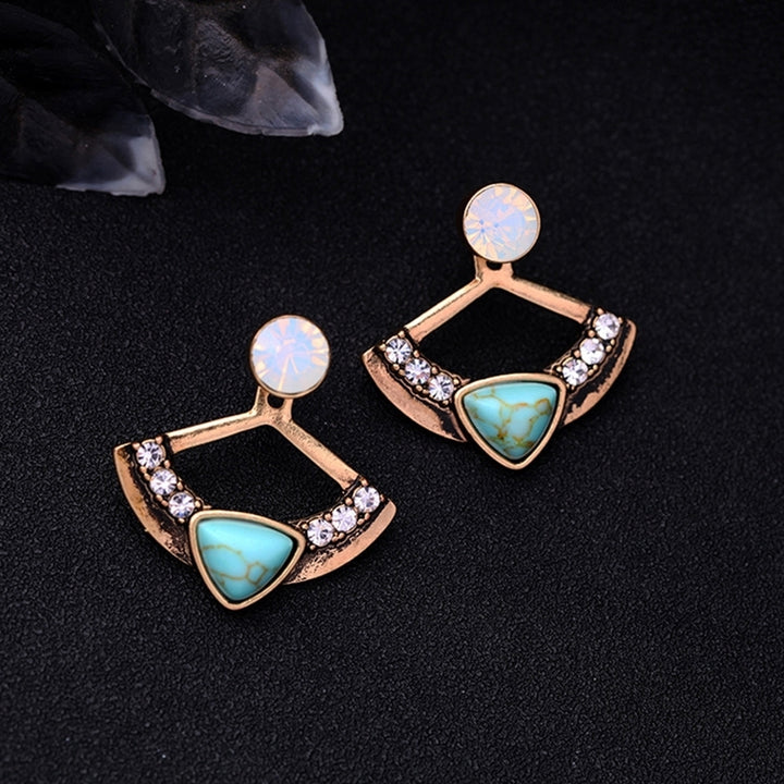 Women Chic Turquoise Rhinestone Fan Shape Front Back Ear Jacket Stud Earrings Image 1